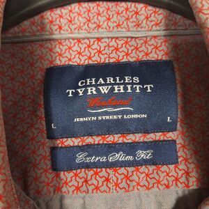 Charles‎ Tyrwhitt Shirt Mens Large Weekend Extra Slim Fit Gray Red Geometric AOP